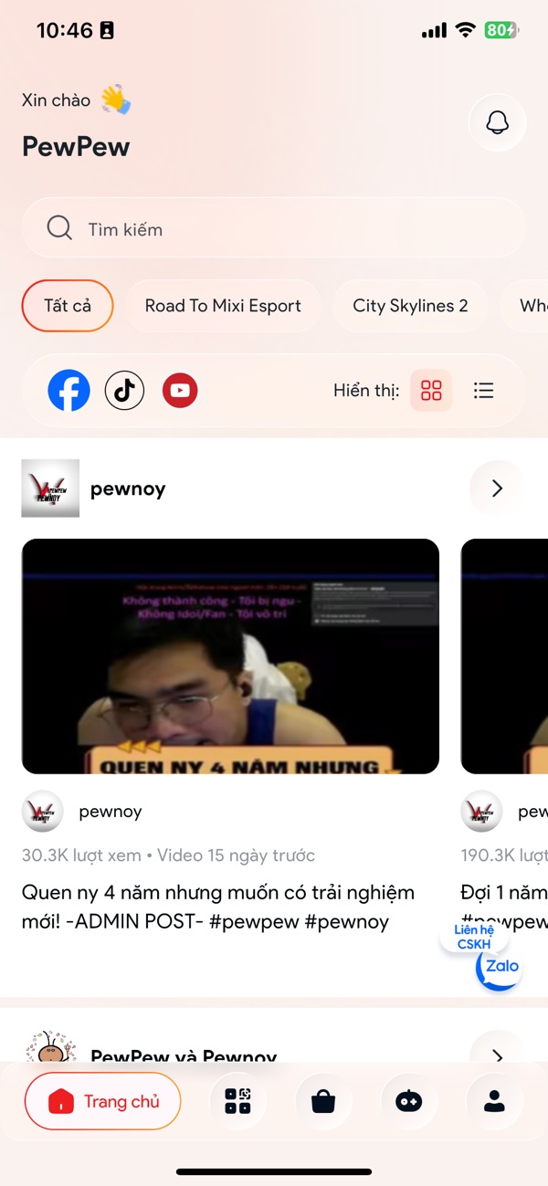 PewPew App: trang chủ với bảng tin cộng đồng
